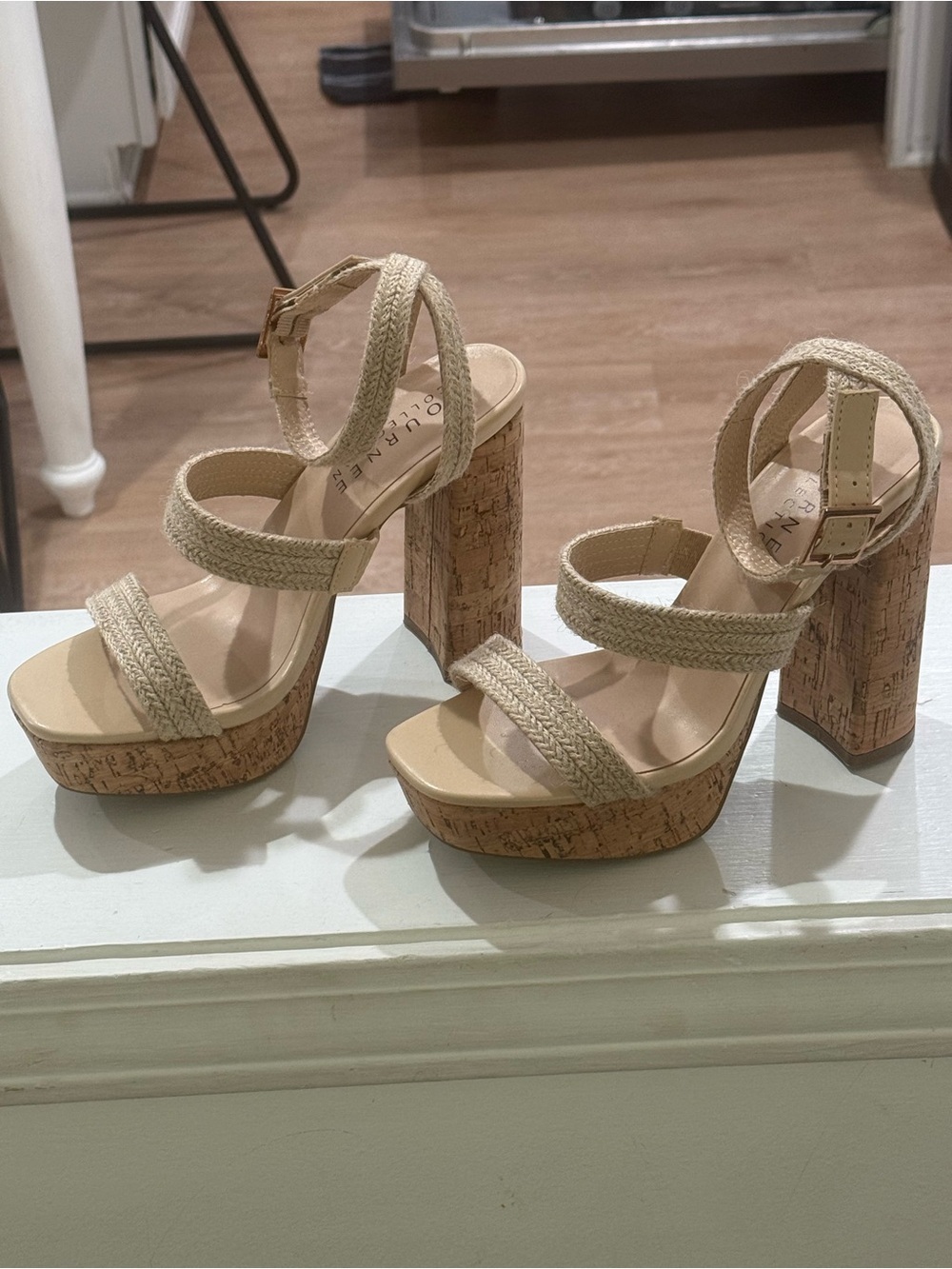 Platform Cork Block Heel Sandals - Beige